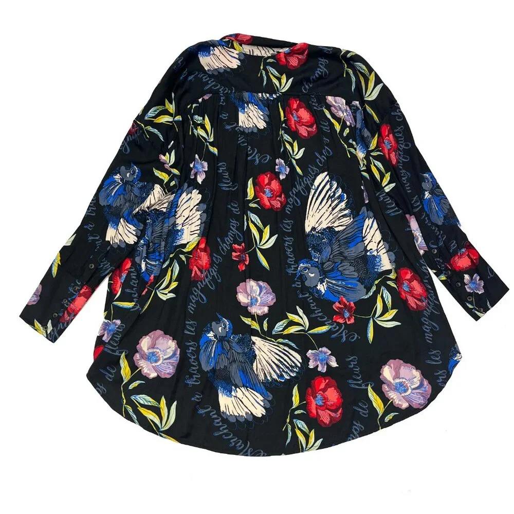Free People Oversized Womens Bird Floral LS Button Blouse Black Top M